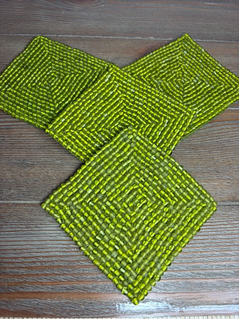 NWT Pottery Barn Green Glass Beaded Coasters Set of Four 4” Square Made in India